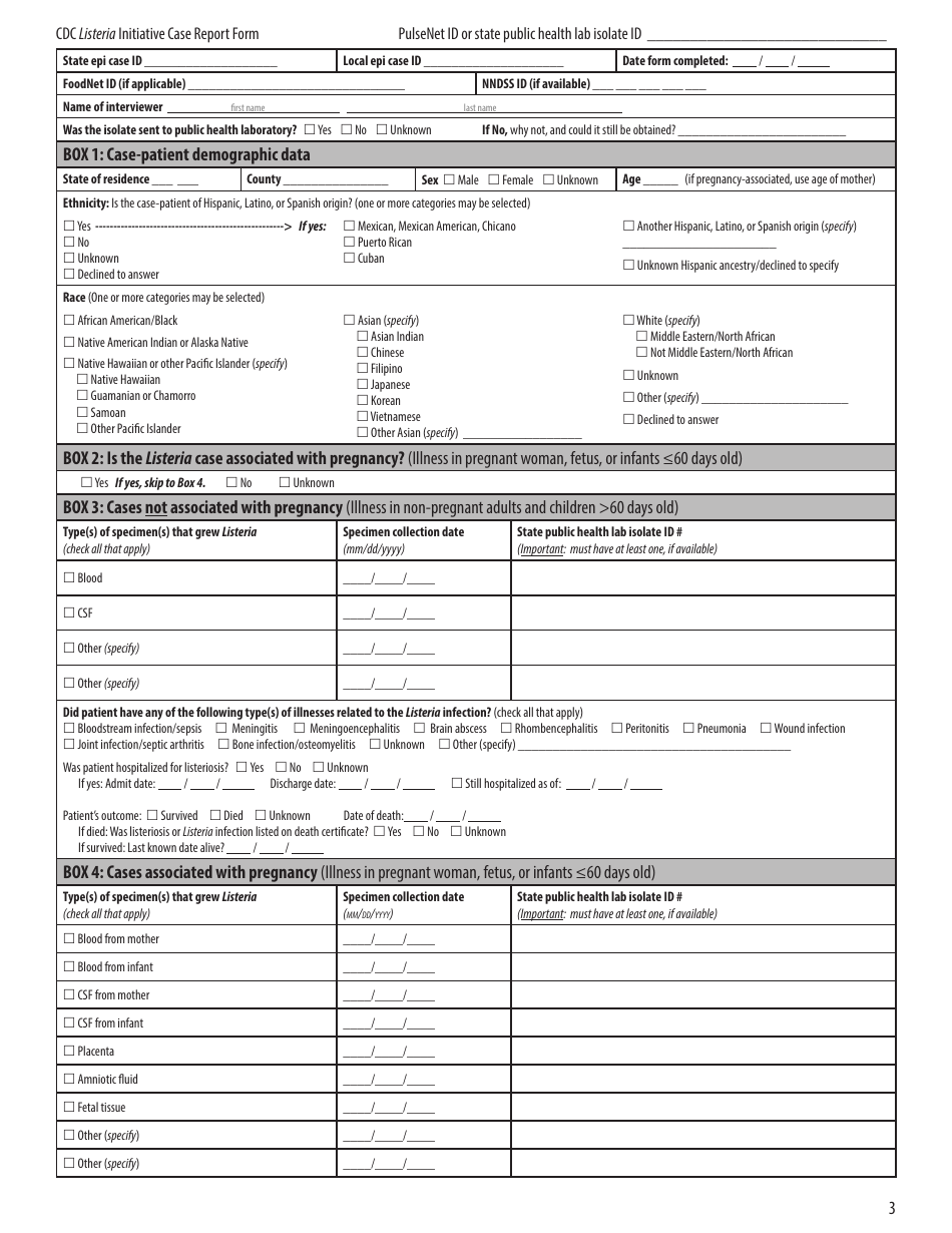 CDC Listeria Initiative Case Report Form, Page 3