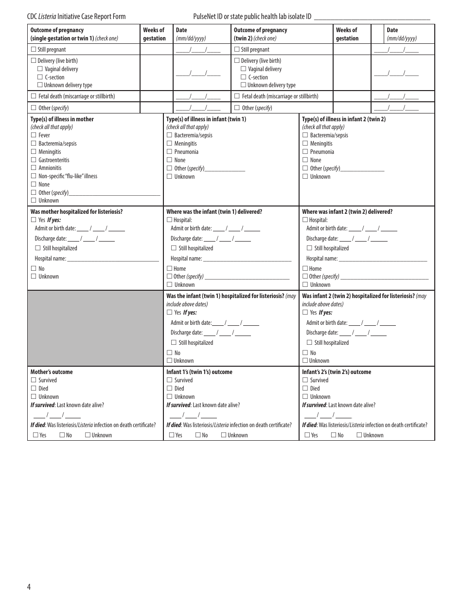 CDC Listeria Initiative Case Report Form, Page 4
