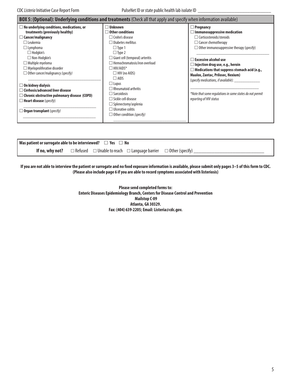 CDC Listeria Initiative Case Report Form, Page 5