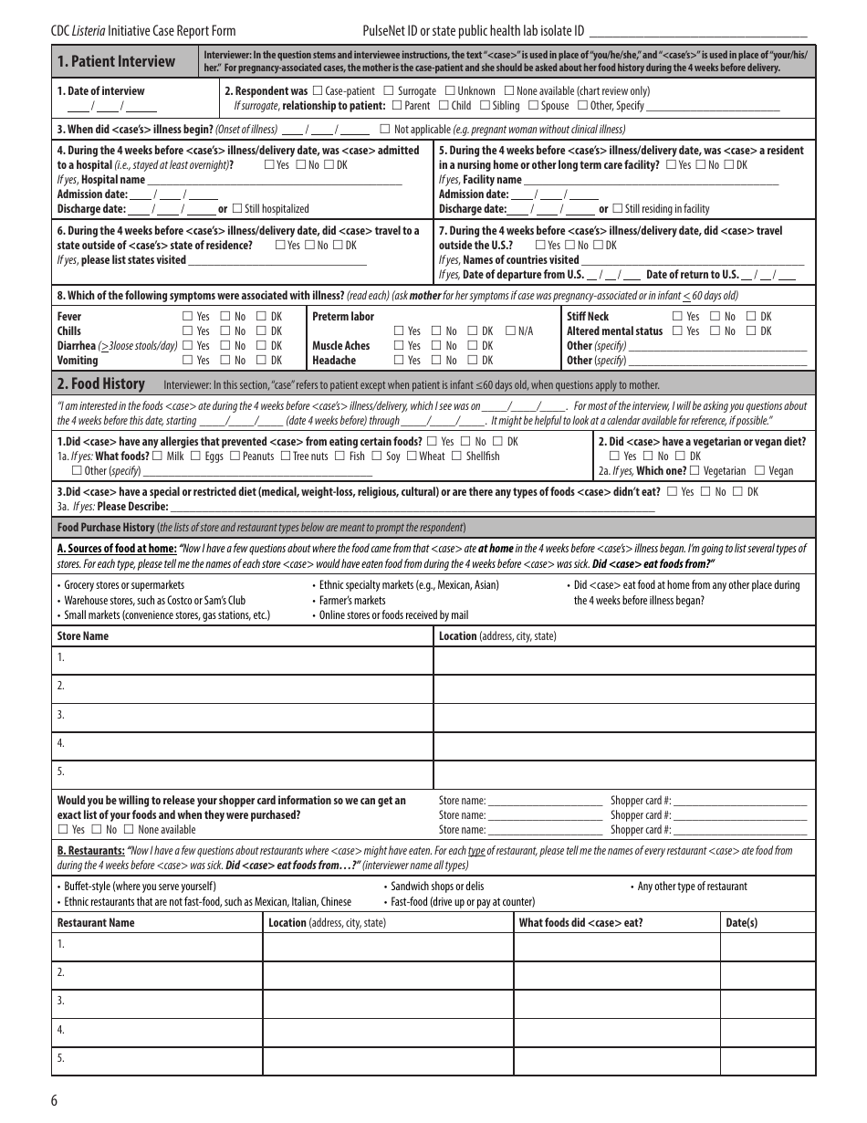CDC Listeria Initiative Case Report Form, Page 6