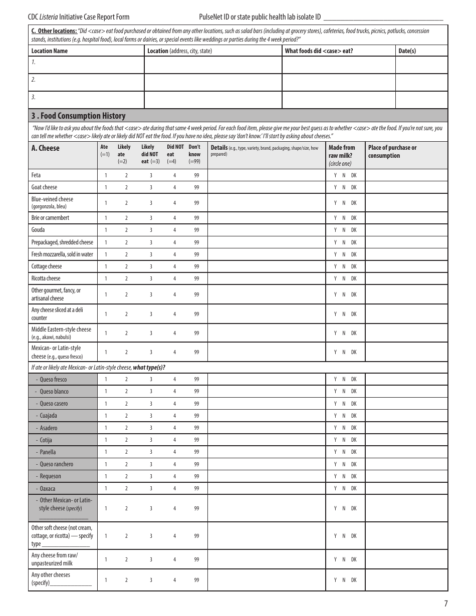 CDC Listeria Initiative Case Report Form, Page 7