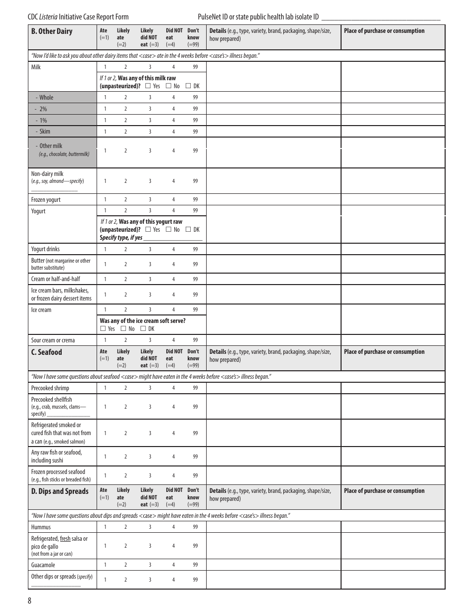 CDC Listeria Initiative Case Report Form, Page 8