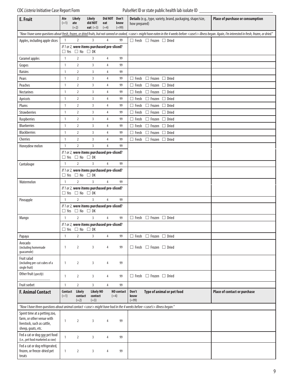 CDC Listeria Initiative Case Report Form, Page 9