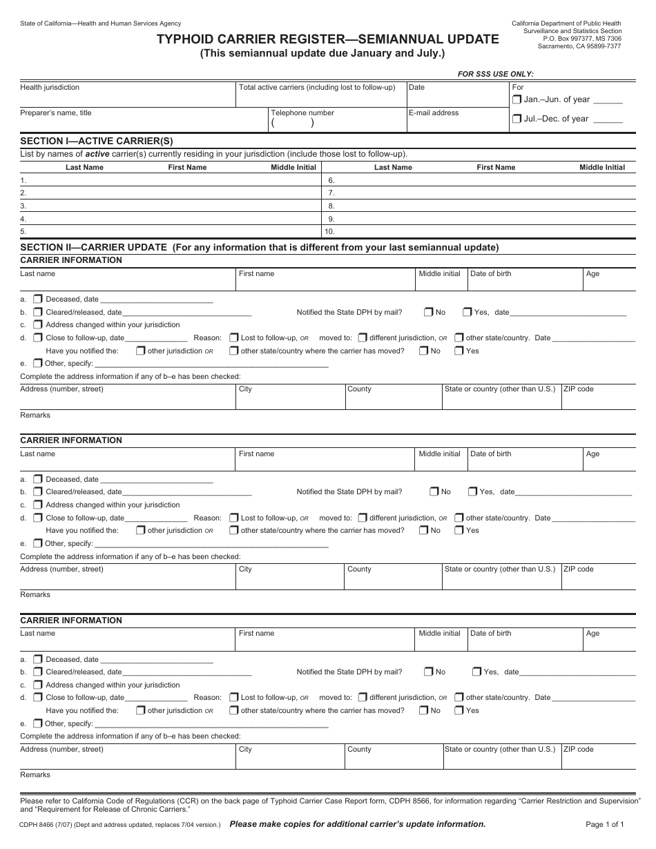 Form CDPH8466 - Fill Out, Sign Online and Download Fillable PDF ...