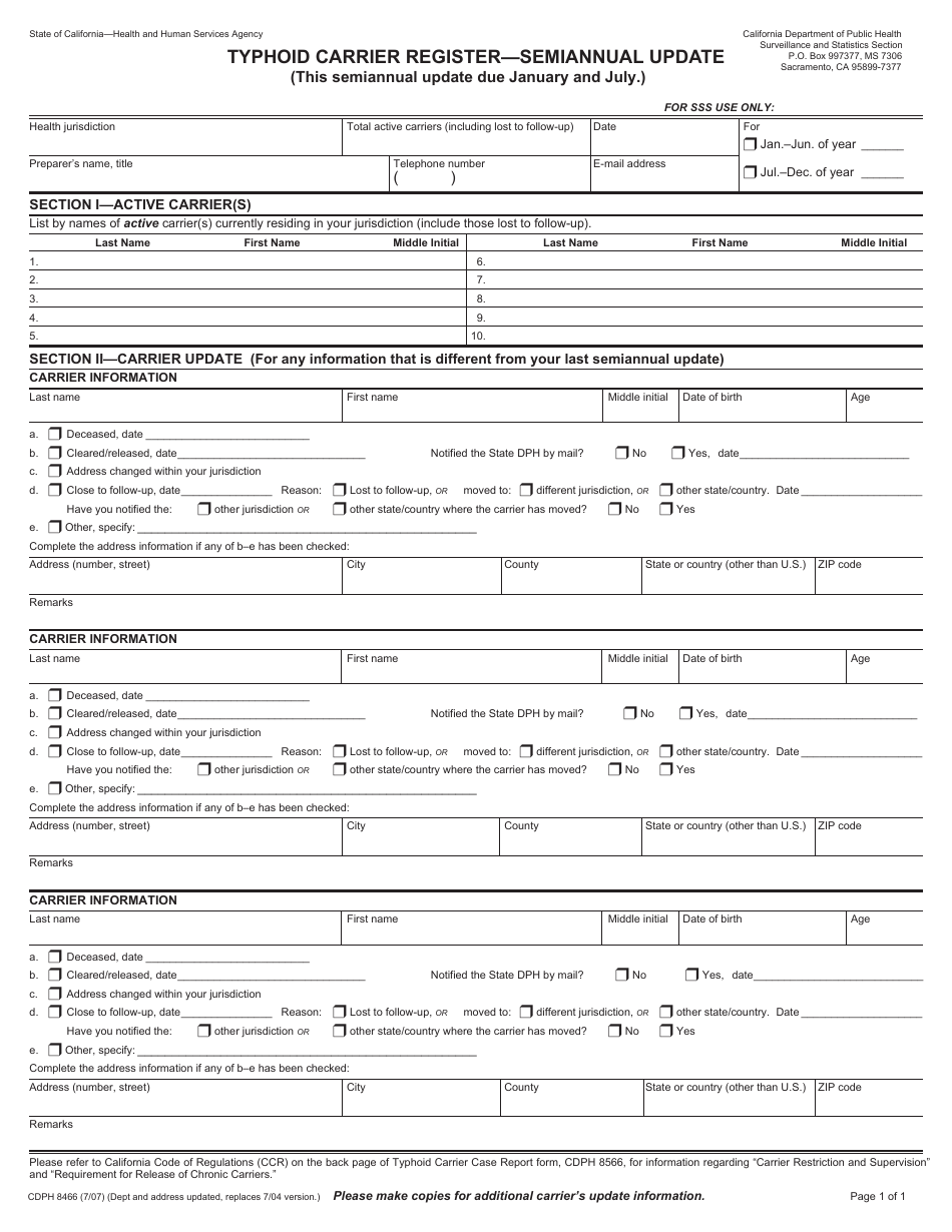 Form CDPH8466 Typhoid Carrier Register - Semiannual Update - California, Page 1