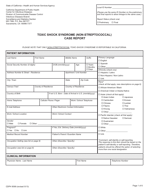 Form CDPH8599 Toxic Shock Syndrome (Non-streptococcal) Case Report - California