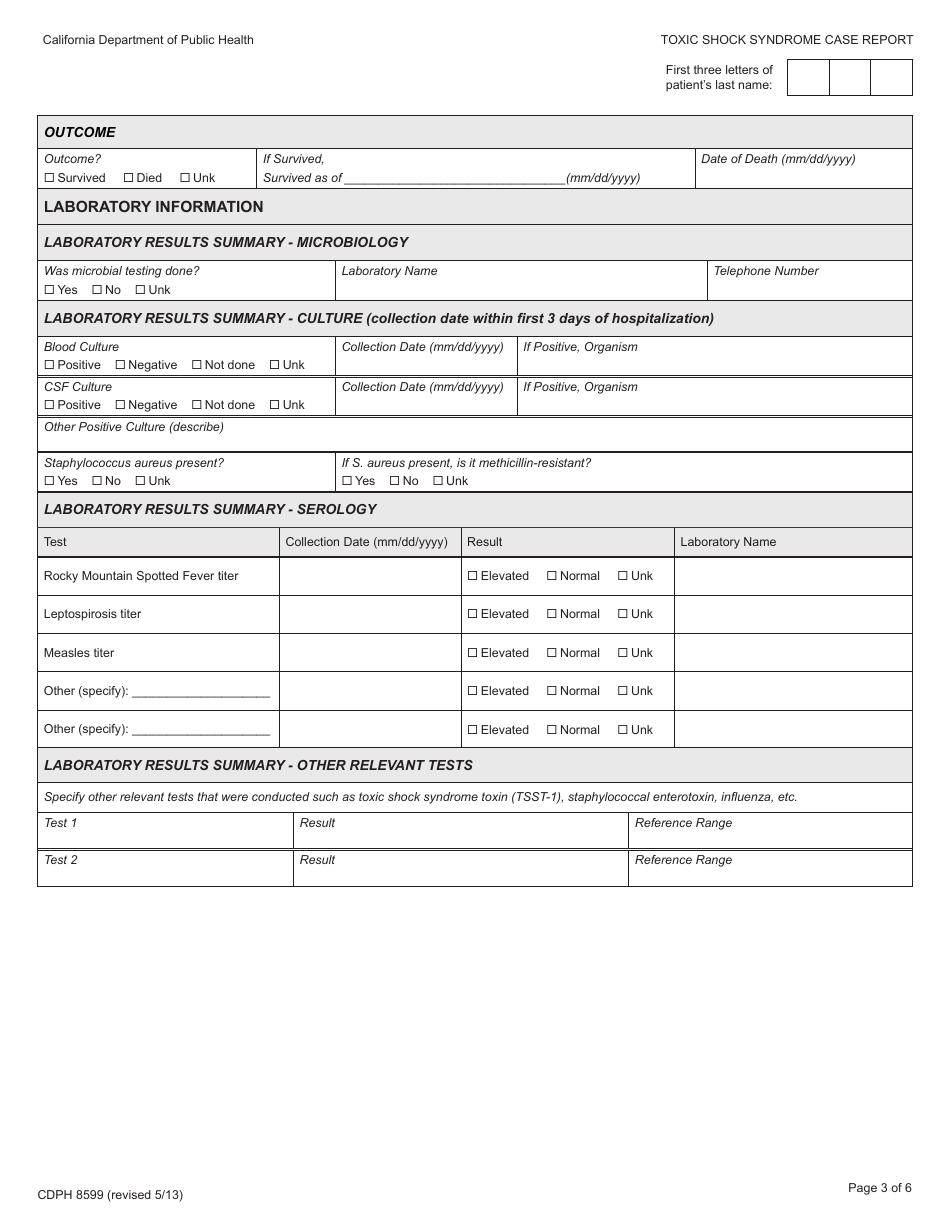Form CDPH8599 Toxic Shock Syndrome (Non-streptococcal) Case Report - California, Page 3