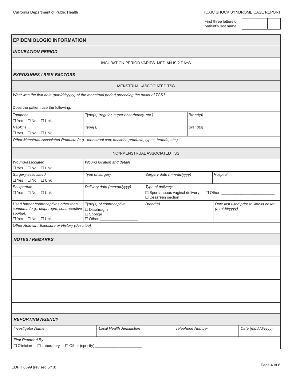 Form CDPH8599 Toxic Shock Syndrome (Non-streptococcal) Case Report - California, Page 4