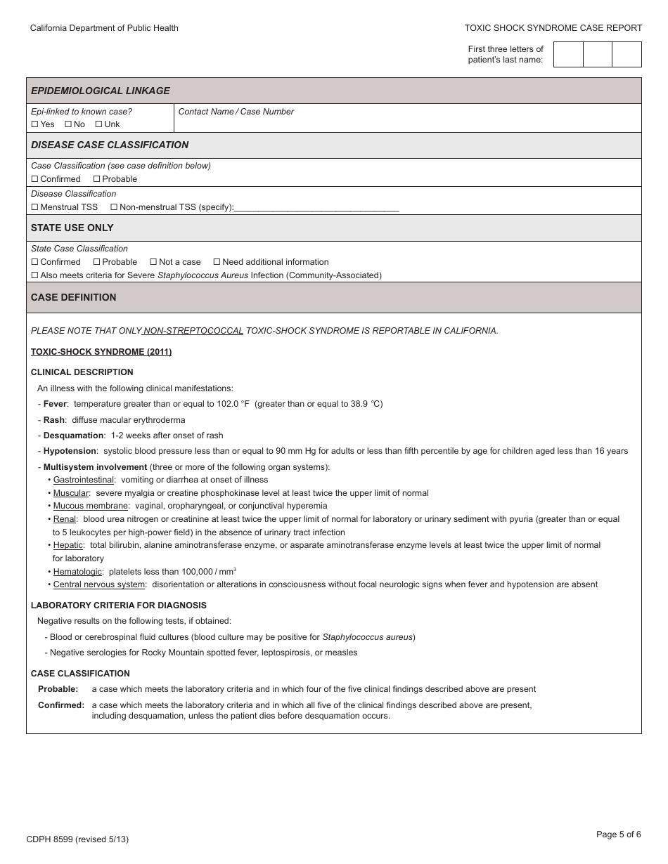 Form CDPH8599 Toxic Shock Syndrome (Non-streptococcal) Case Report - California, Page 5