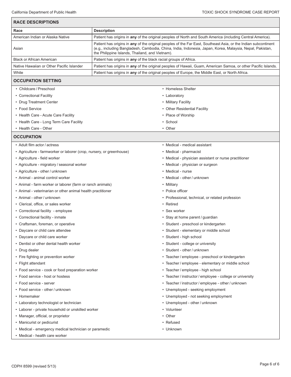 Form CDPH8599 Toxic Shock Syndrome (Non-streptococcal) Case Report - California, Page 6