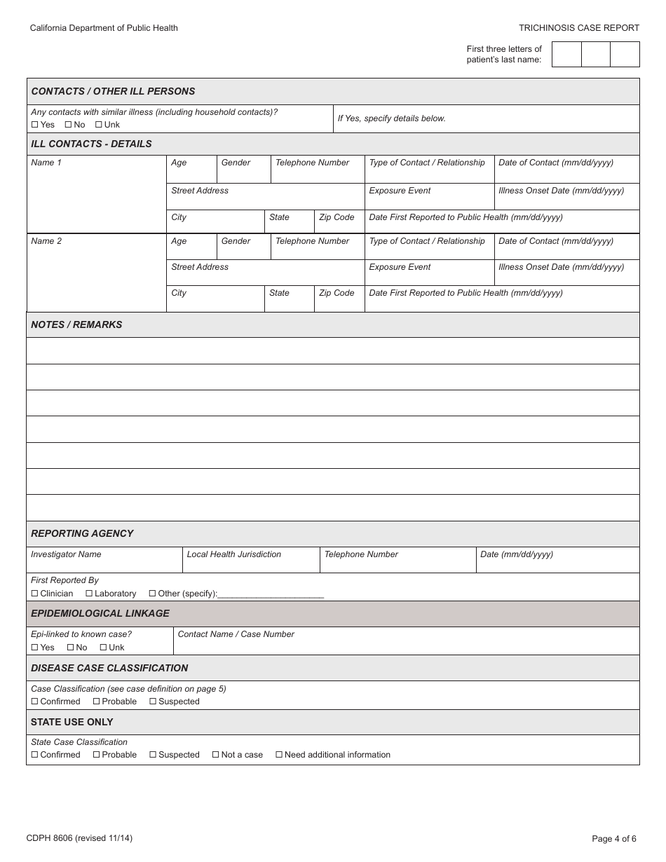 Form CDPH8606 Trichinosis Case Report - California, Page 4