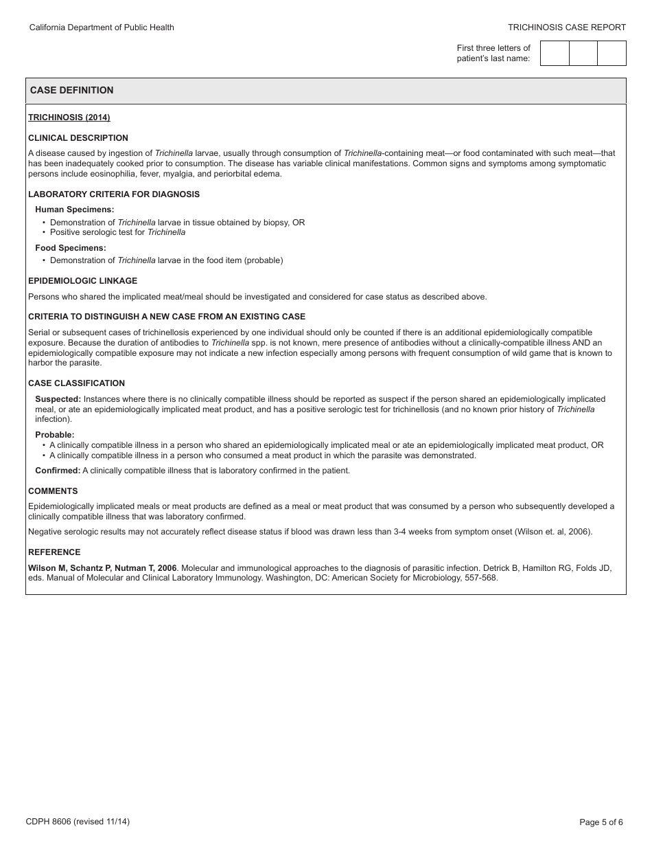Form CDPH8606 Trichinosis Case Report - California, Page 5
