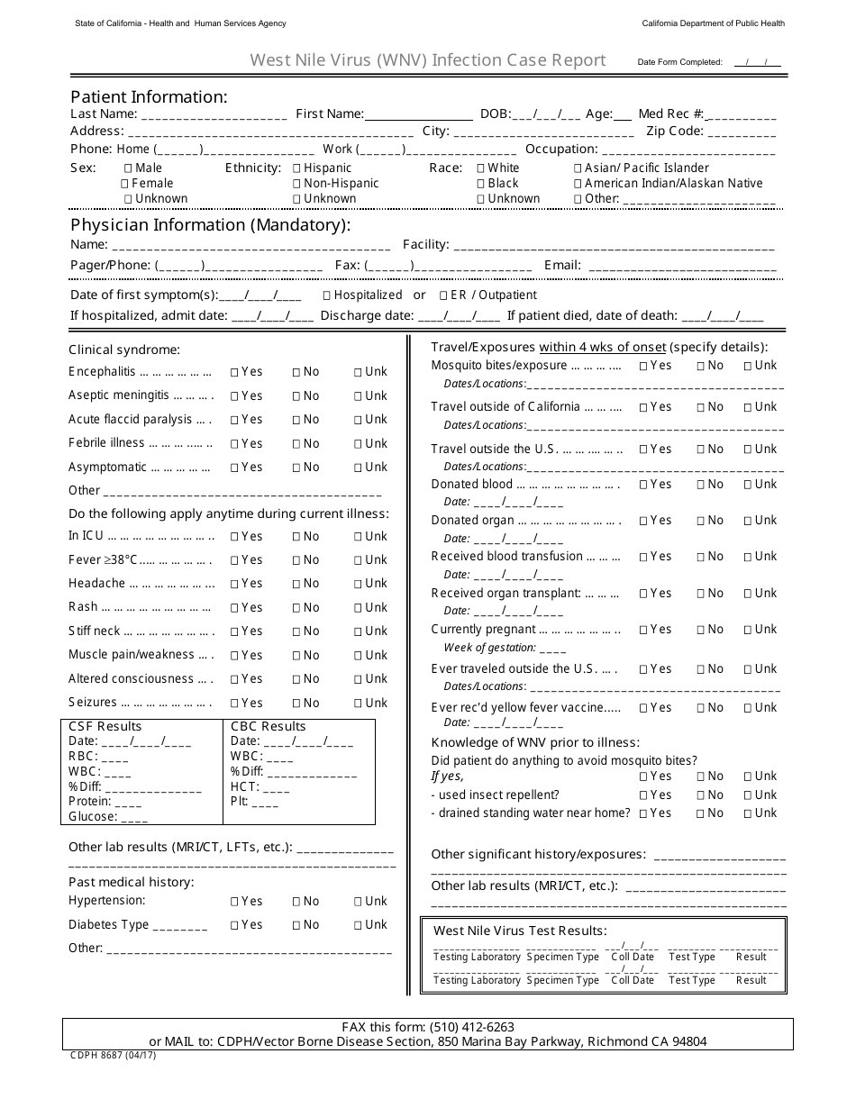 Form CDPH8687 West Nile Virus (Wnv) Infection Case Report - California, Page 1