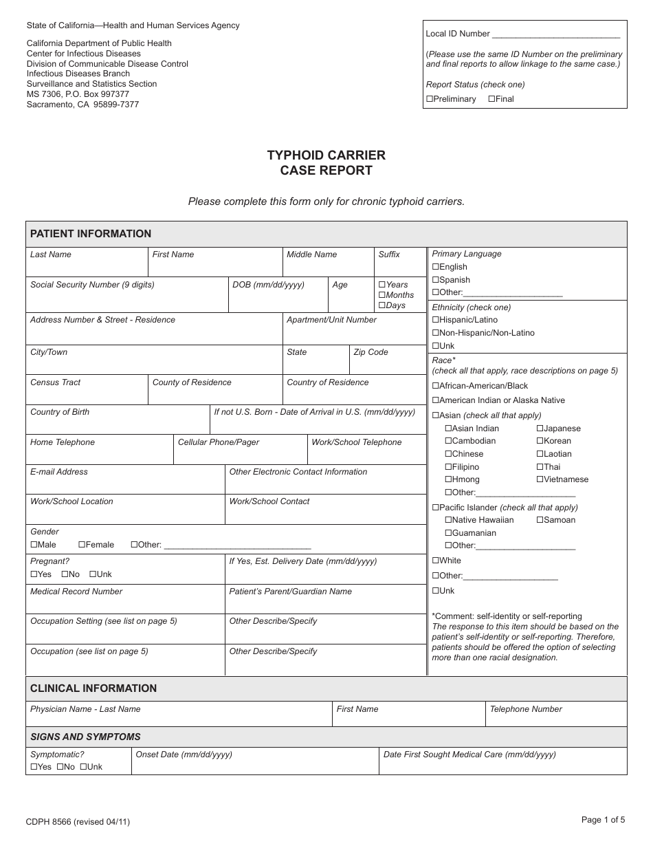 Form CDPH8566 Typhoid Carrier Case Report - California, Page 1