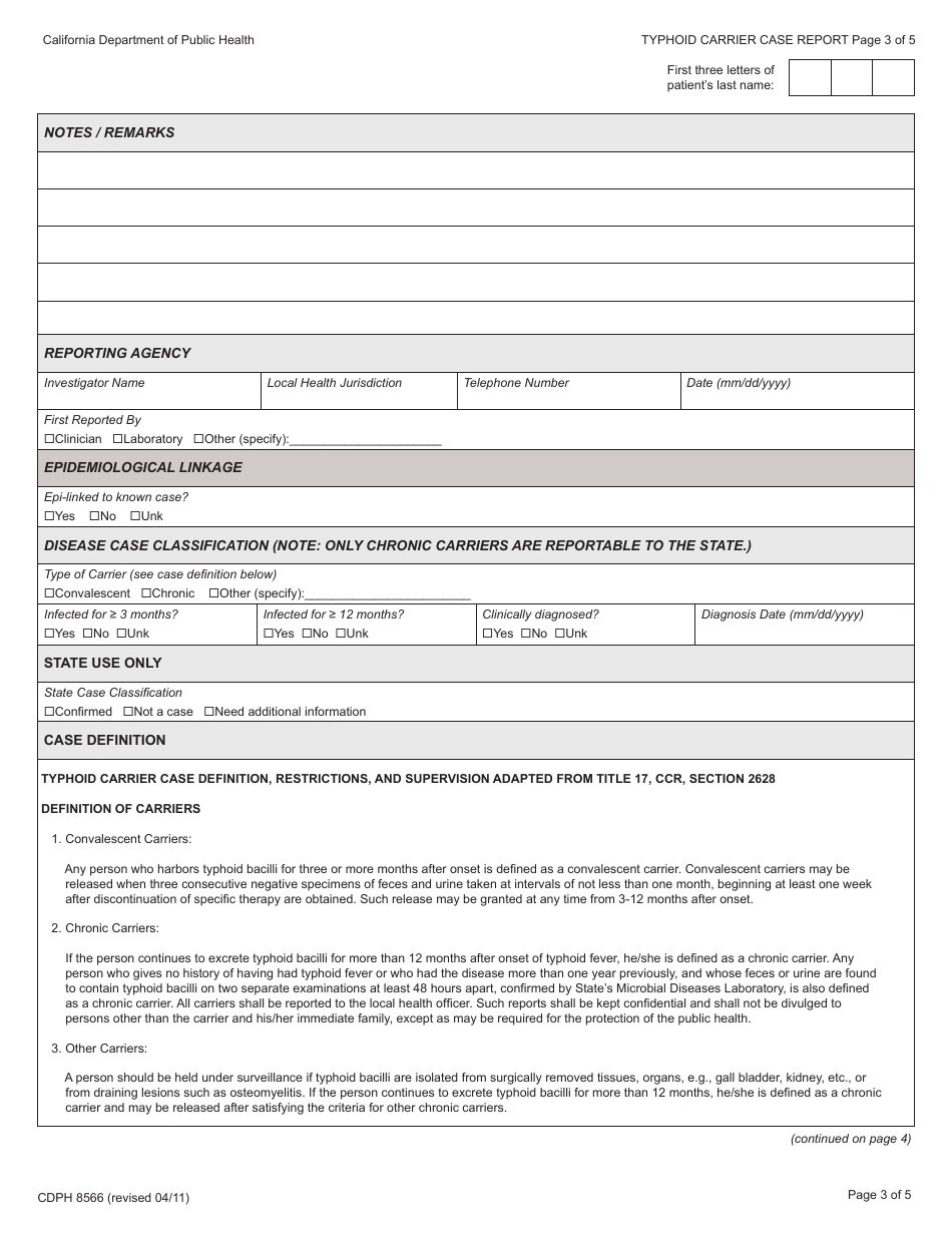 Form CDPH8566 Typhoid Carrier Case Report - California, Page 3