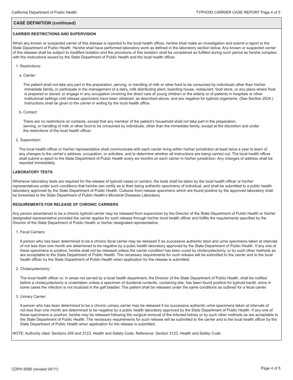 Form CDPH8566 Typhoid Carrier Case Report - California, Page 4