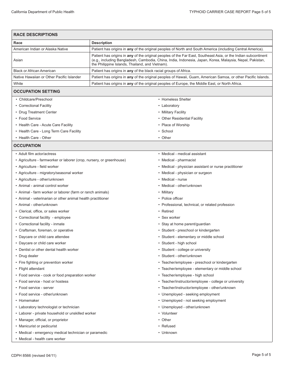 Form CDPH8566 Typhoid Carrier Case Report - California, Page 5