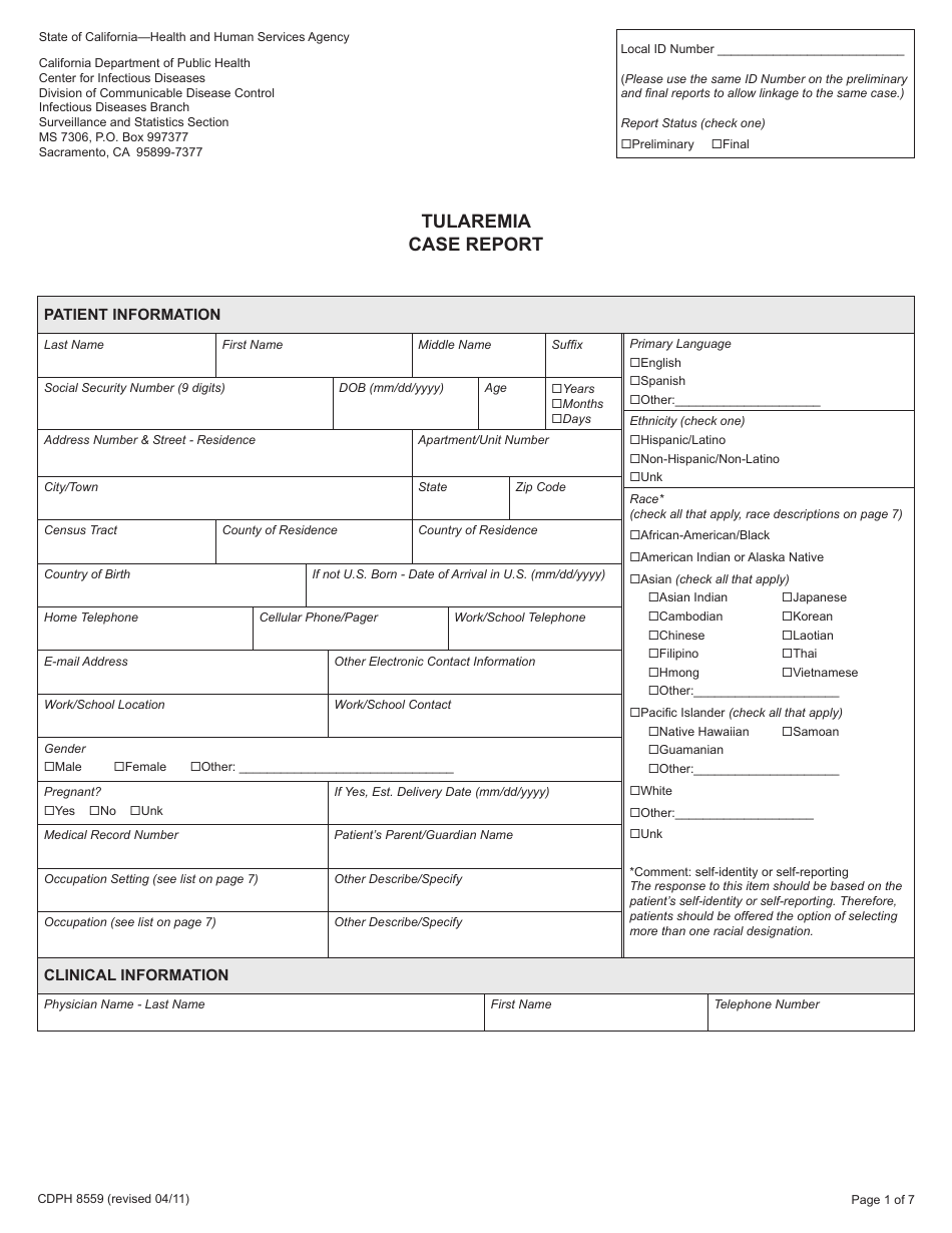 Form CDPH8559 Tularemia Case Report - California, Page 1