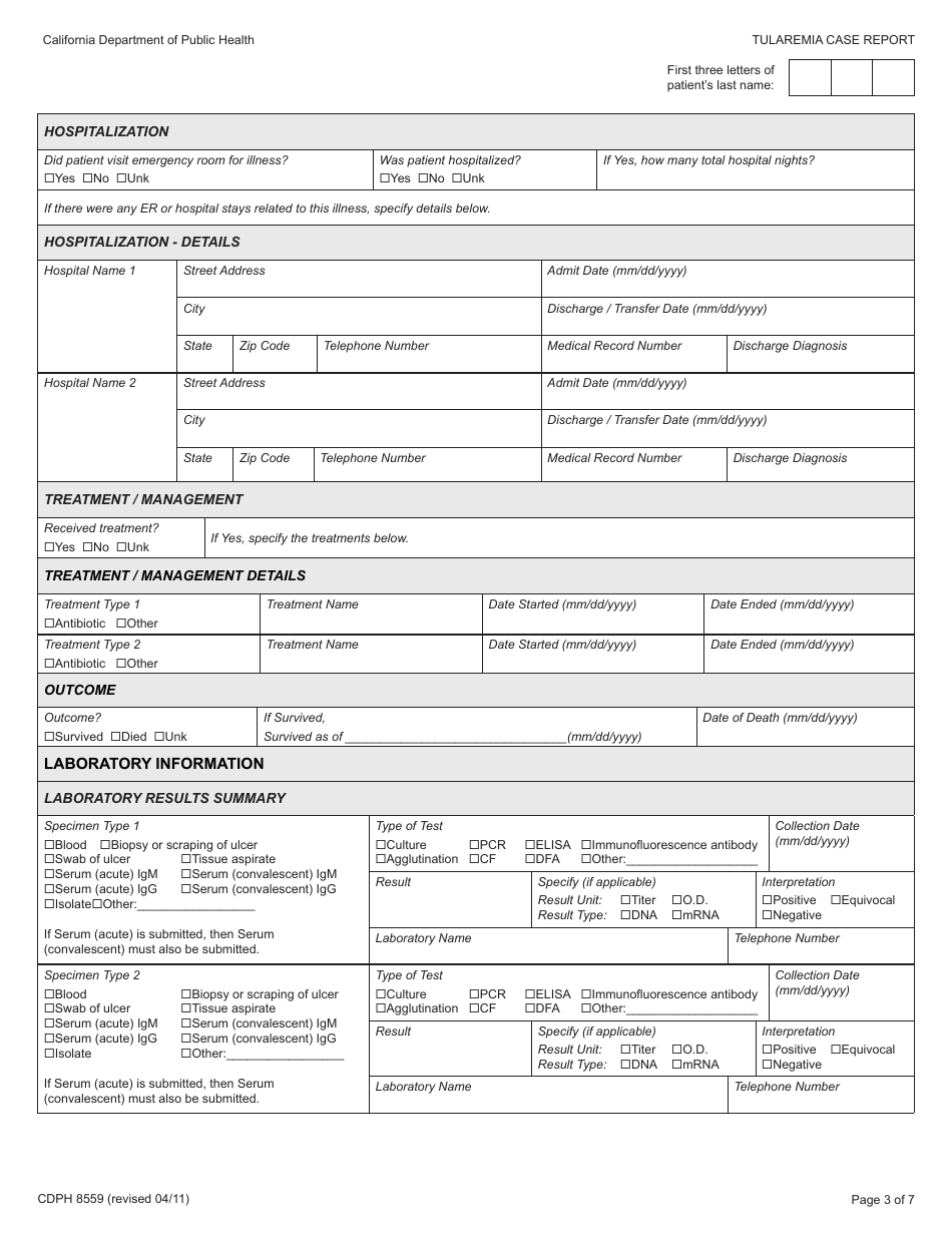 Form CDPH8559 Tularemia Case Report - California, Page 3