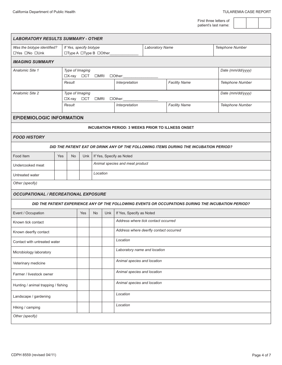 Form CDPH8559 Tularemia Case Report - California, Page 4