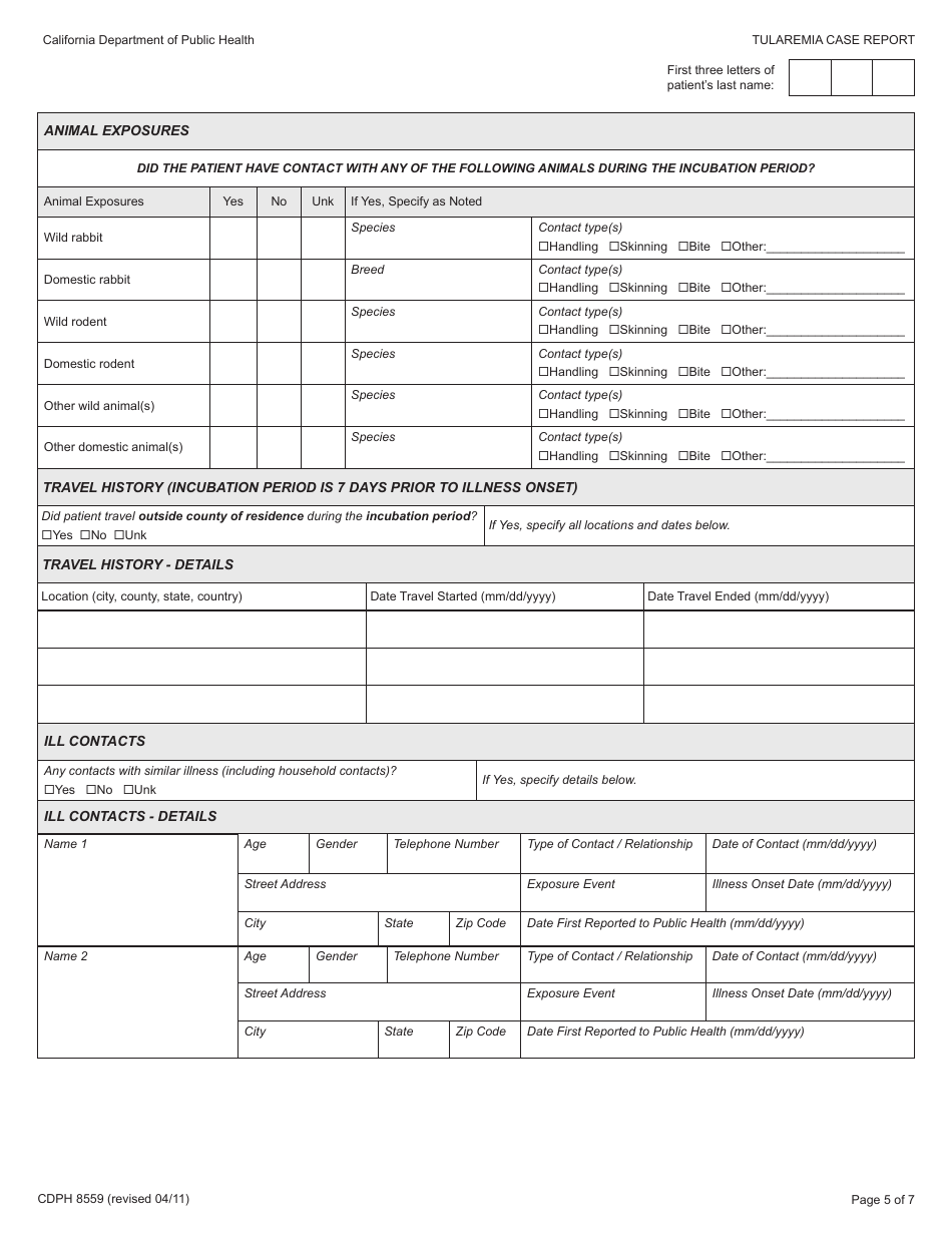 Form CDPH8559 Tularemia Case Report - California, Page 5