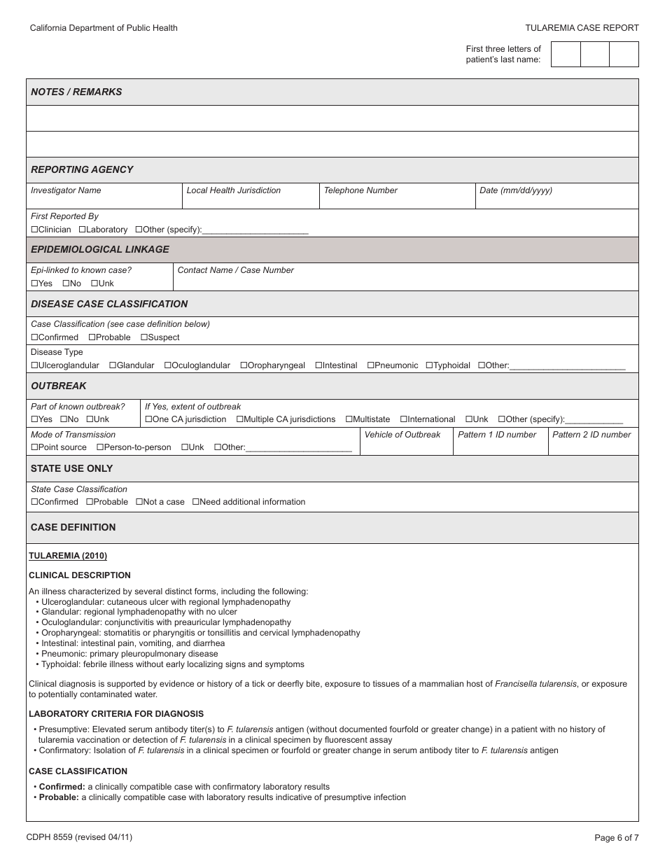 Form CDPH8559 Tularemia Case Report - California, Page 6