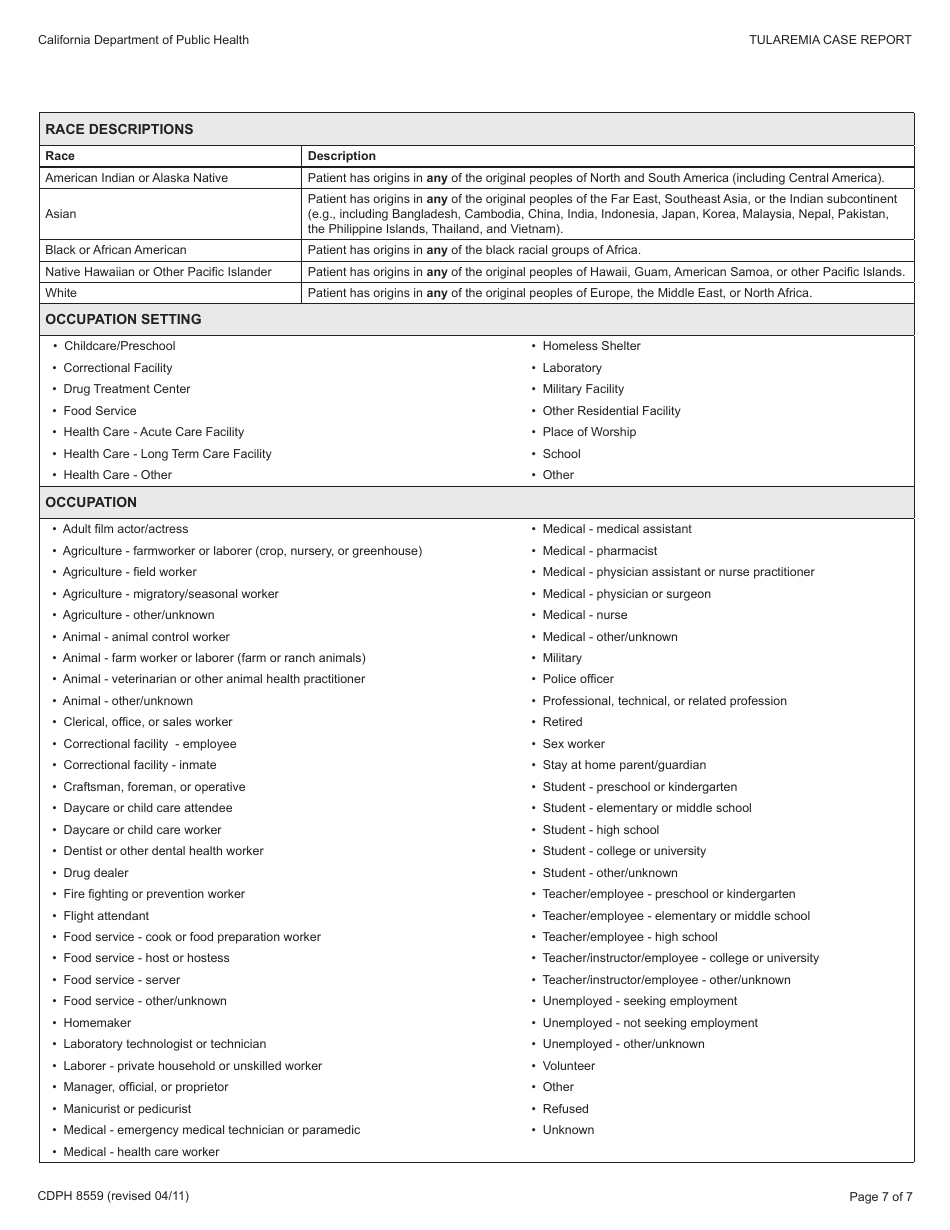 Form CDPH8559 Tularemia Case Report - California, Page 7