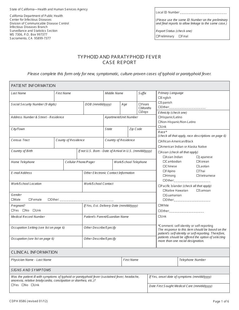 Form CDPH8586 Typhoid and Paratyphoid Fever Case Report - California, Page 1