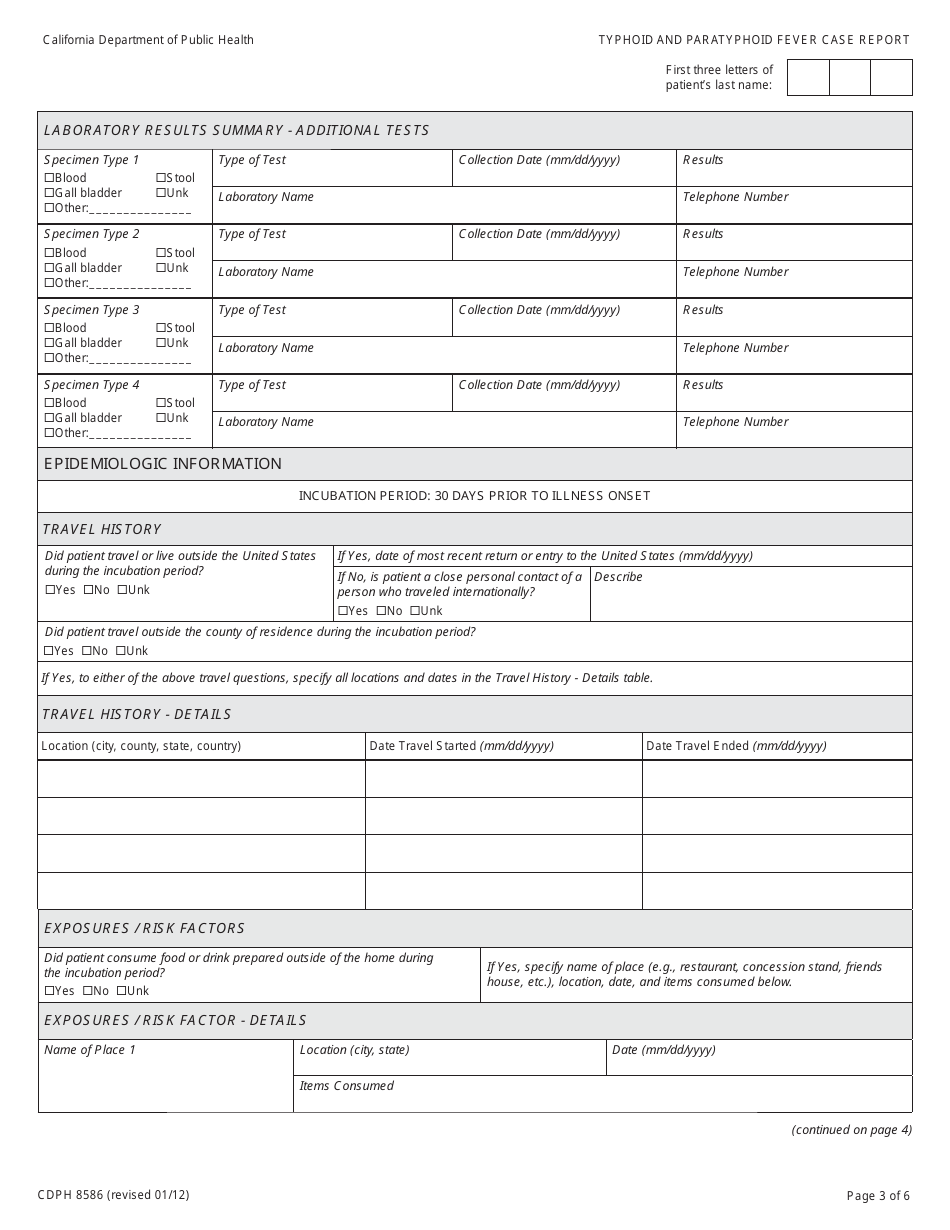 Form CDPH8586 Typhoid and Paratyphoid Fever Case Report - California, Page 3