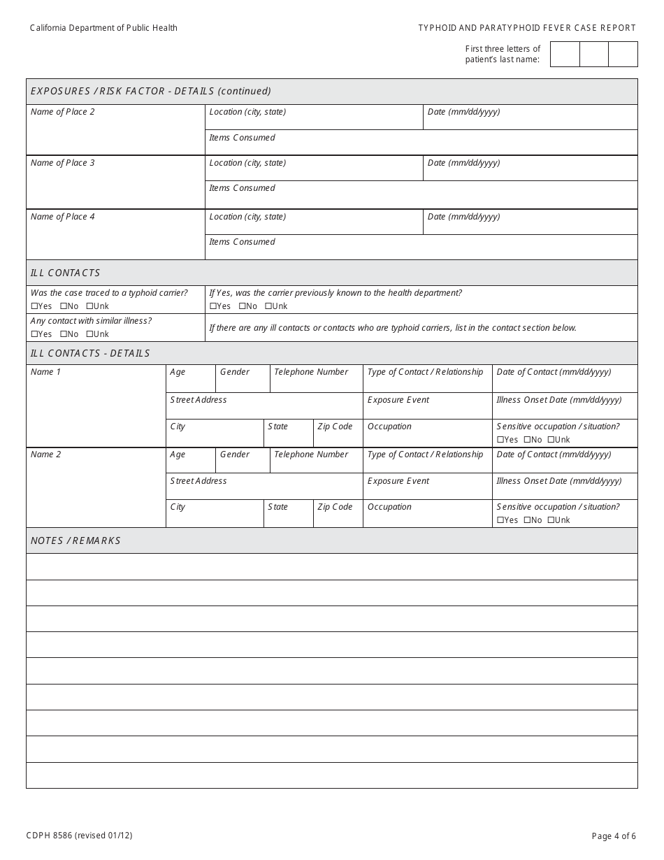 Form CDPH8586 Typhoid and Paratyphoid Fever Case Report - California, Page 4