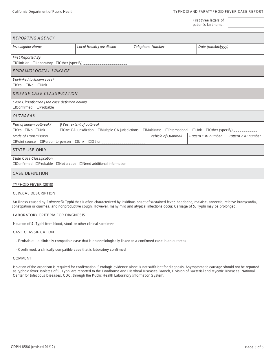 Form CDPH8586 Typhoid and Paratyphoid Fever Case Report - California, Page 5