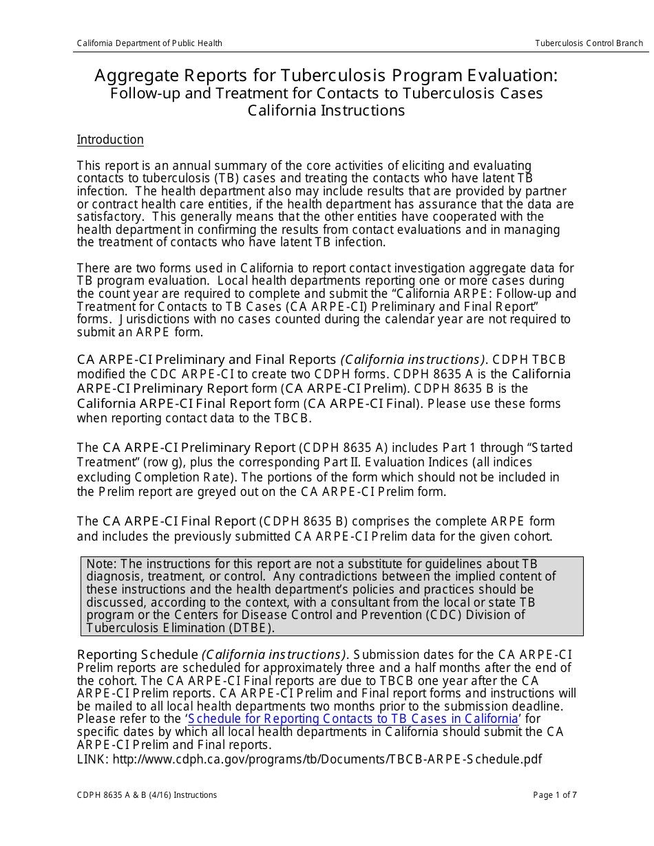 Instructions for Form CDPH8635 A-B Aggregate Reports for Tuberculosis Program Evaluation - Follow-Up and Treatment for Contacts to Tuberculosis Cases - California, Page 1
