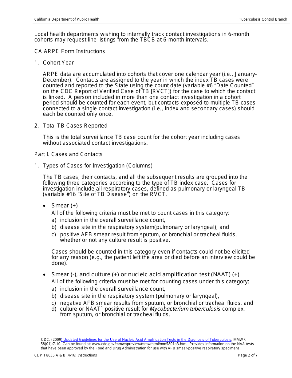 Instructions for Form CDPH8635 A-B Aggregate Reports for Tuberculosis Program Evaluation - Follow-Up and Treatment for Contacts to Tuberculosis Cases - California, Page 2