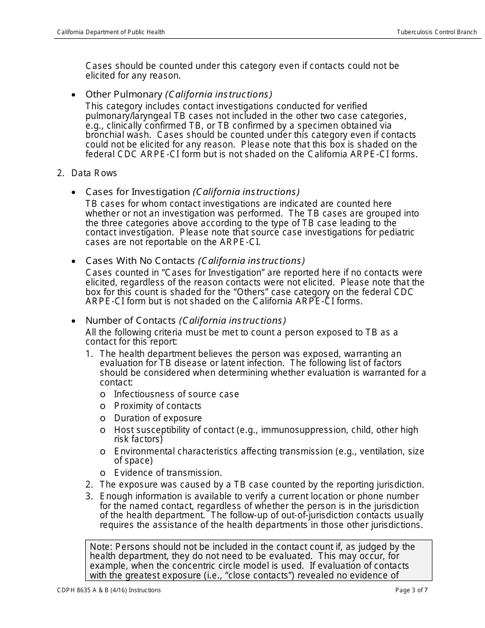 Instructions for Form CDPH8635 A-B Aggregate Reports for Tuberculosis Program Evaluation - Follow-Up and Treatment for Contacts to Tuberculosis Cases - California, Page 3