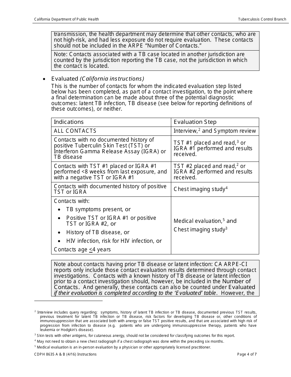 Instructions for Form CDPH8635 A-B Aggregate Reports for Tuberculosis Program Evaluation - Follow-Up and Treatment for Contacts to Tuberculosis Cases - California, Page 4