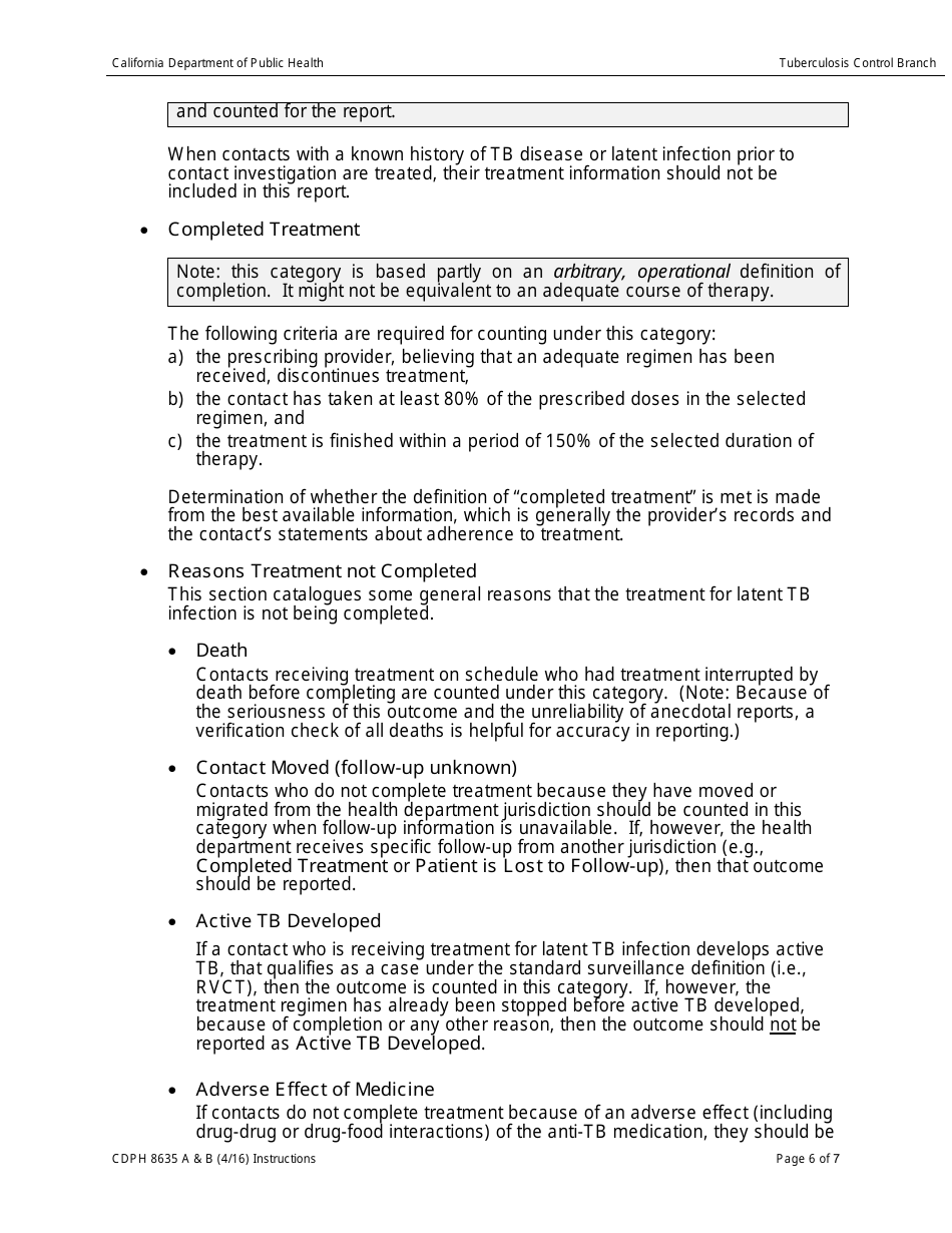 Instructions for Form CDPH8635 A-B Aggregate Reports for Tuberculosis Program Evaluation - Follow-Up and Treatment for Contacts to Tuberculosis Cases - California, Page 6