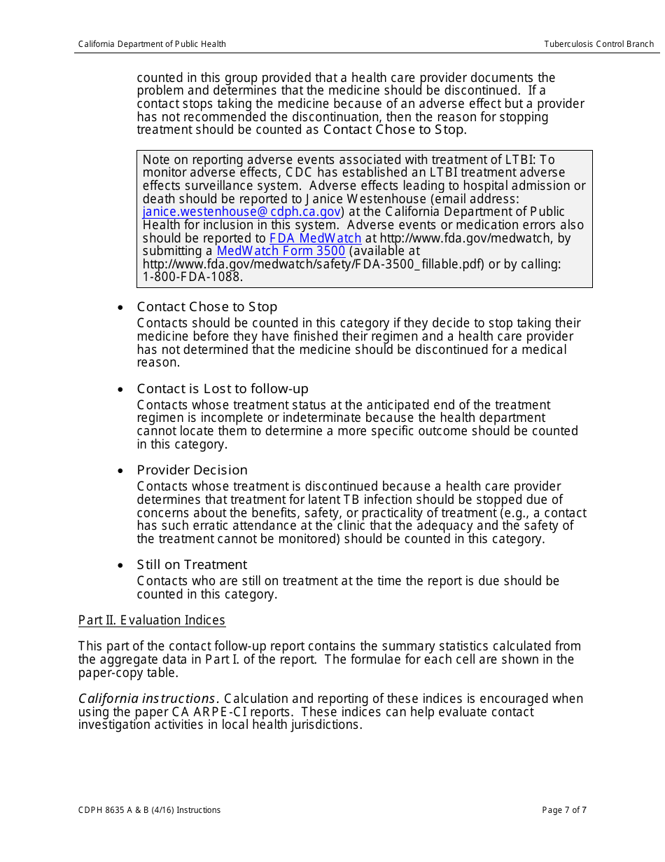 Instructions for Form CDPH8635 A-B Aggregate Reports for Tuberculosis Program Evaluation - Follow-Up and Treatment for Contacts to Tuberculosis Cases - California, Page 7