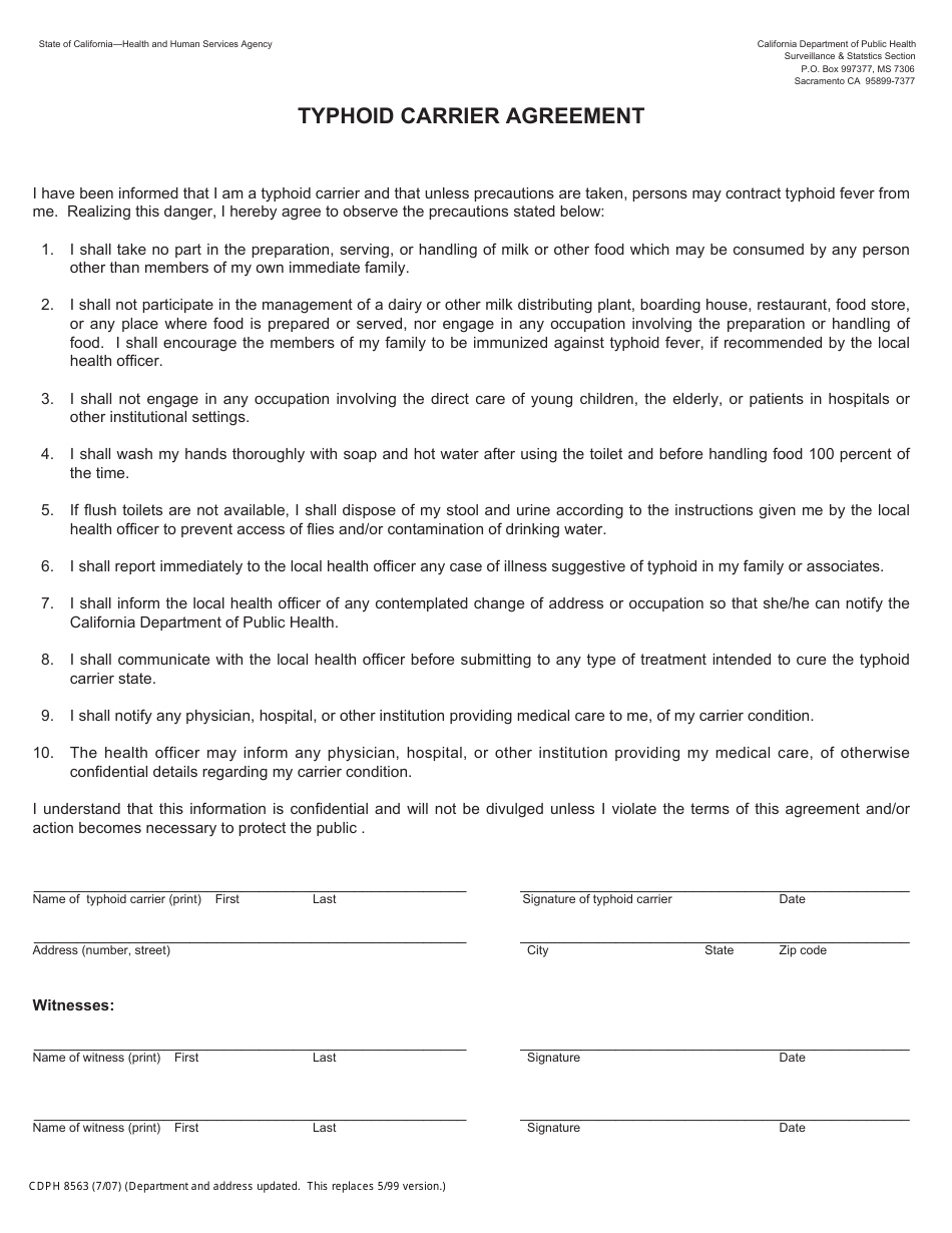 Form CDPH8563 Typhoid Carrier Agreement - California, Page 1
