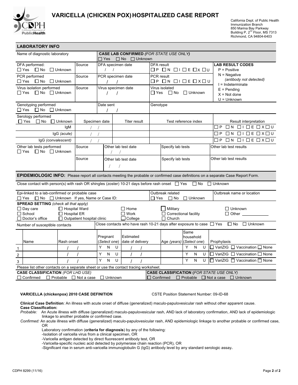 Form CDPH8299 varicella (Chicken Pox) Hospitalized Case Report - California, Page 2