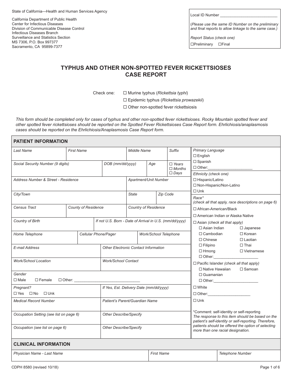 Form CDPH8580 typhus and Other Non-spotted Fever Rickettsioses Case Report - California, Page 1