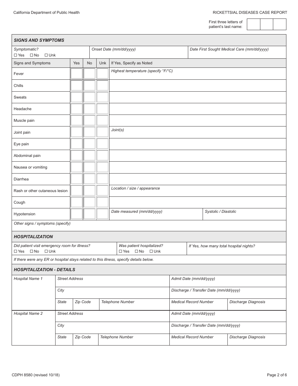 Form CDPH8580 typhus and Other Non-spotted Fever Rickettsioses Case Report - California, Page 2