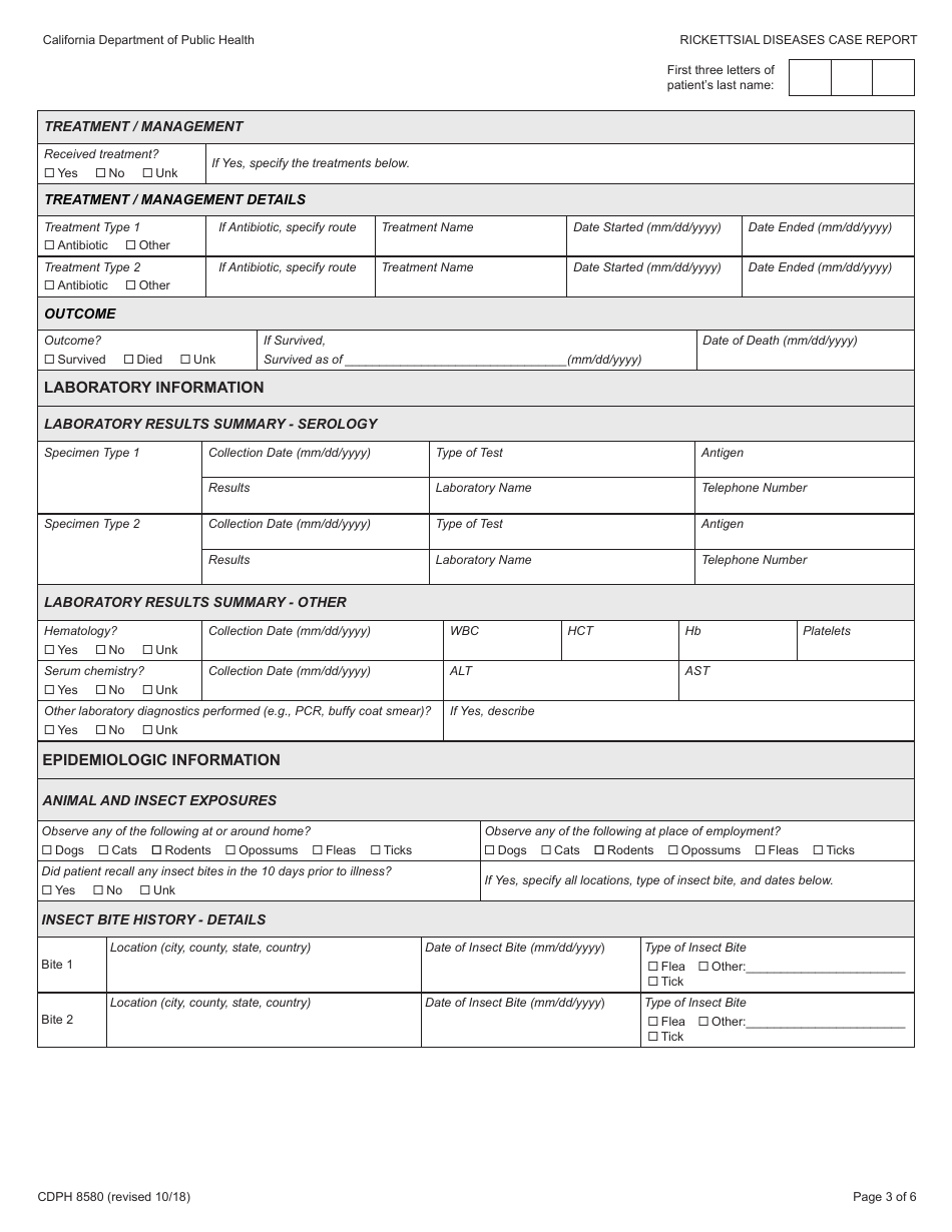 Form CDPH8580 typhus and Other Non-spotted Fever Rickettsioses Case Report - California, Page 3