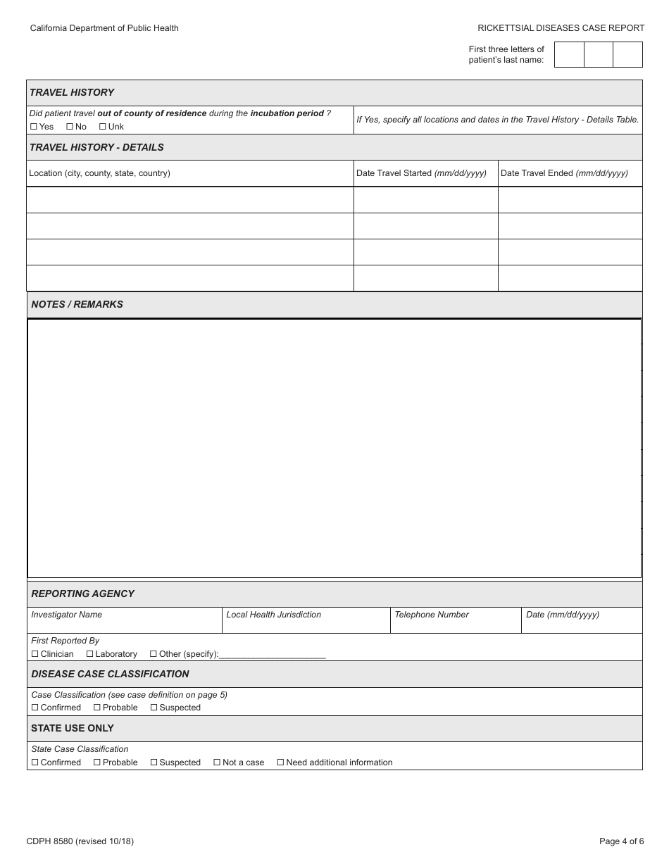 Form CDPH8580 typhus and Other Non-spotted Fever Rickettsioses Case Report - California, Page 4