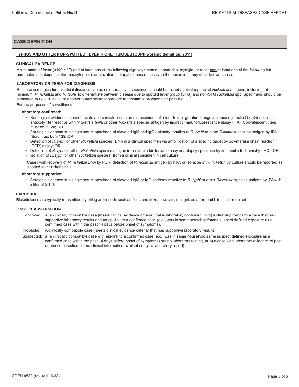 Form CDPH8580 typhus and Other Non-spotted Fever Rickettsioses Case Report - California, Page 5