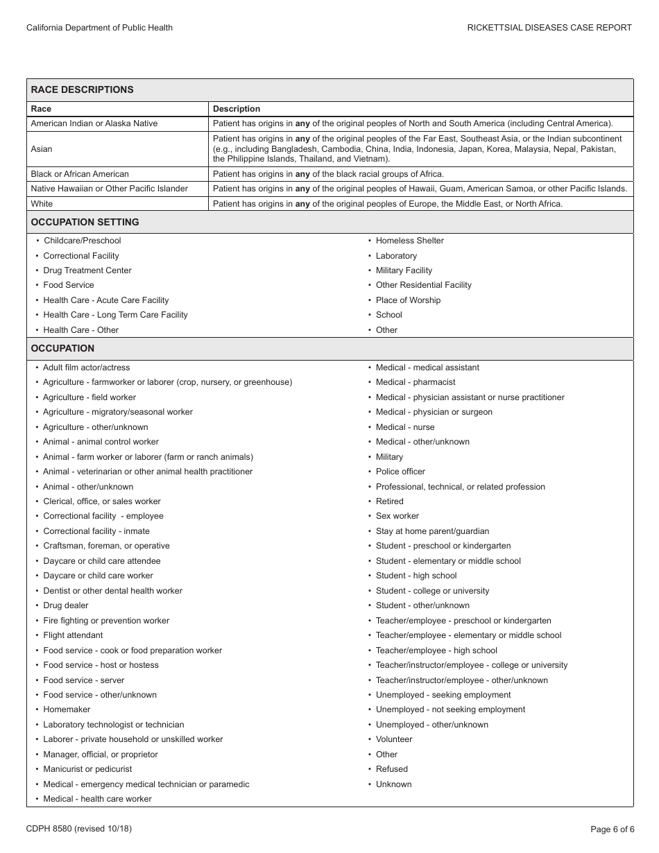 Form CDPH8580 typhus and Other Non-spotted Fever Rickettsioses Case Report - California, Page 6