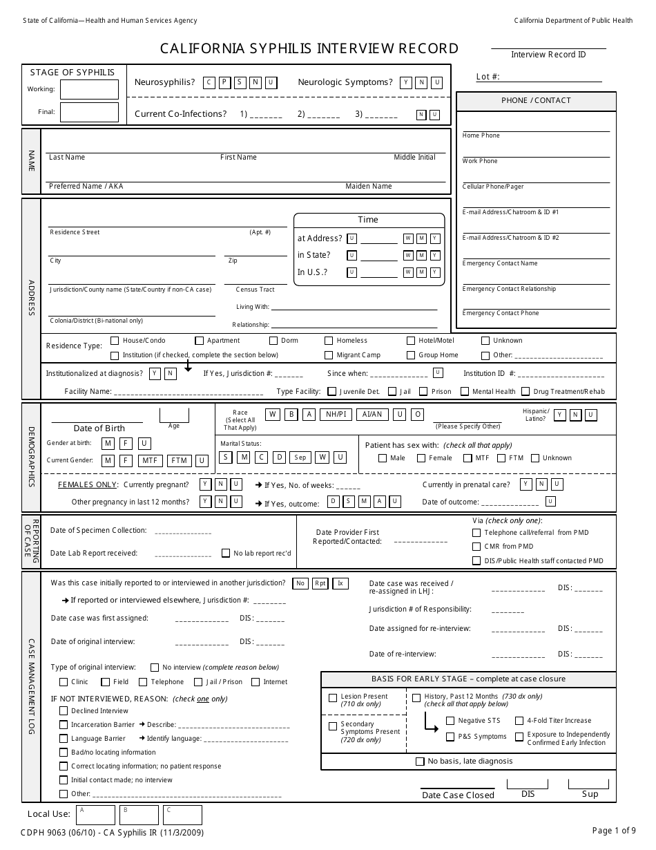 Form CDPH9063 California Syphilis Interview Record - California, Page 1