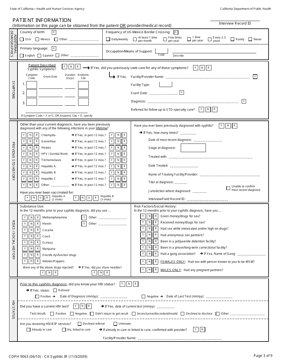 Form CDPH9063 California Syphilis Interview Record - California, Page 3