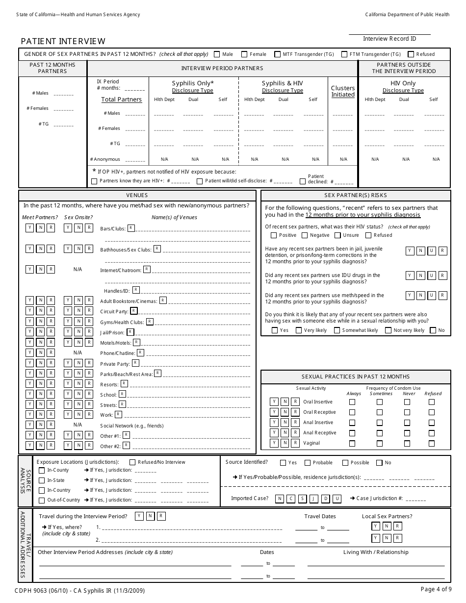 Form CDPH9063 California Syphilis Interview Record - California, Page 4