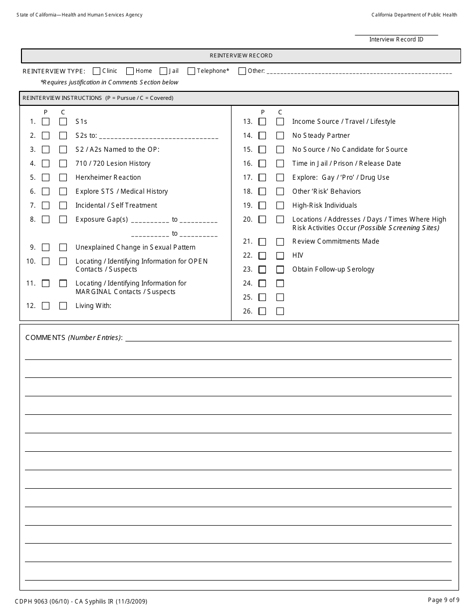 Form CDPH9063 California Syphilis Interview Record - California, Page 9