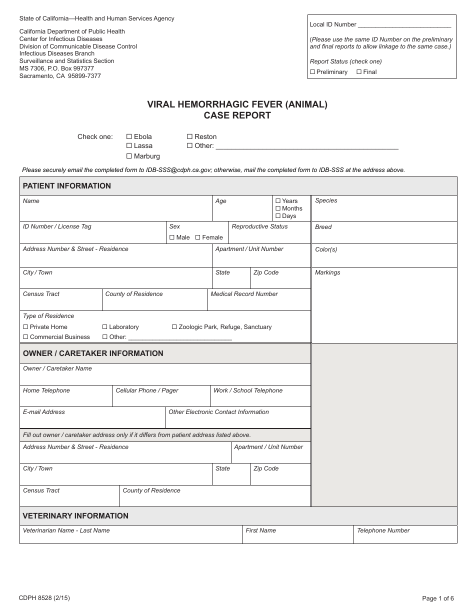 Form CDPH8528 Viral Hemorrhagic Fever (Animal) Case Report - California, Page 1